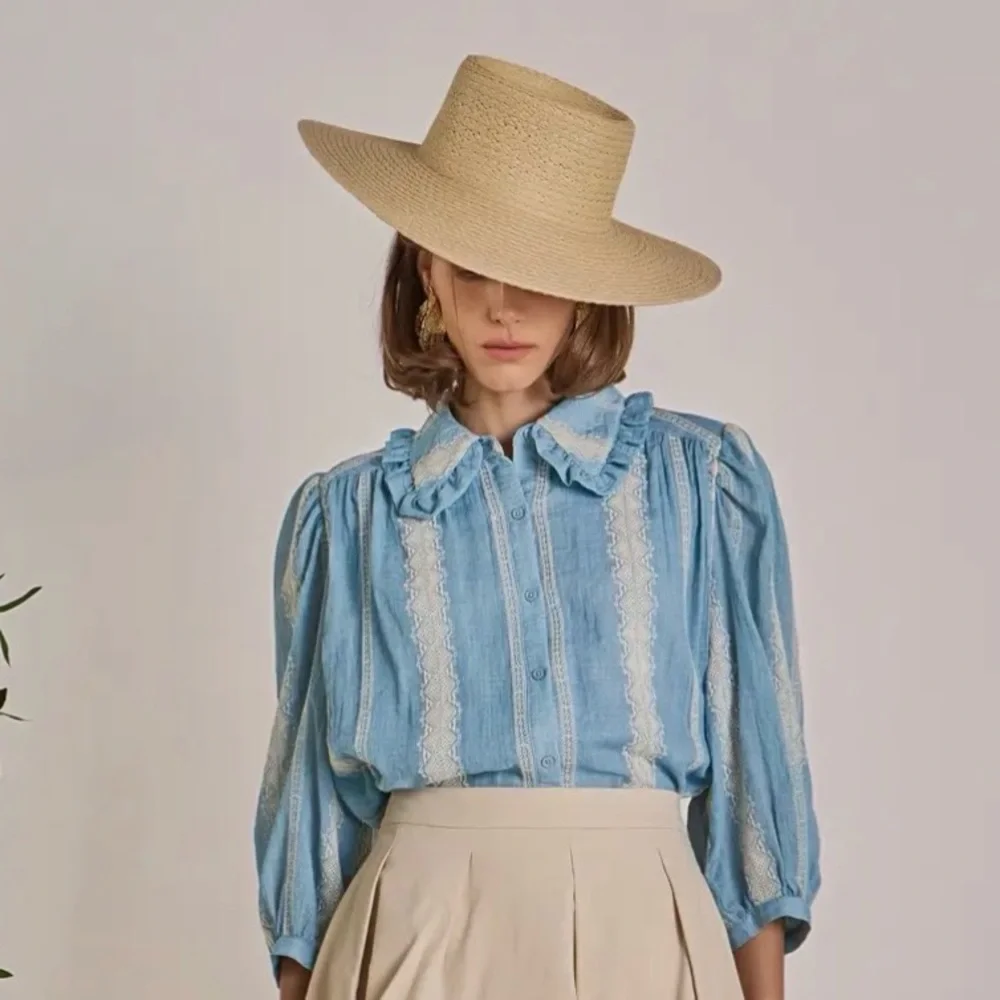 English Factory Women's Blue embroidered ruffle vintage Victorian Blouse NWT - Picture 4 of 5